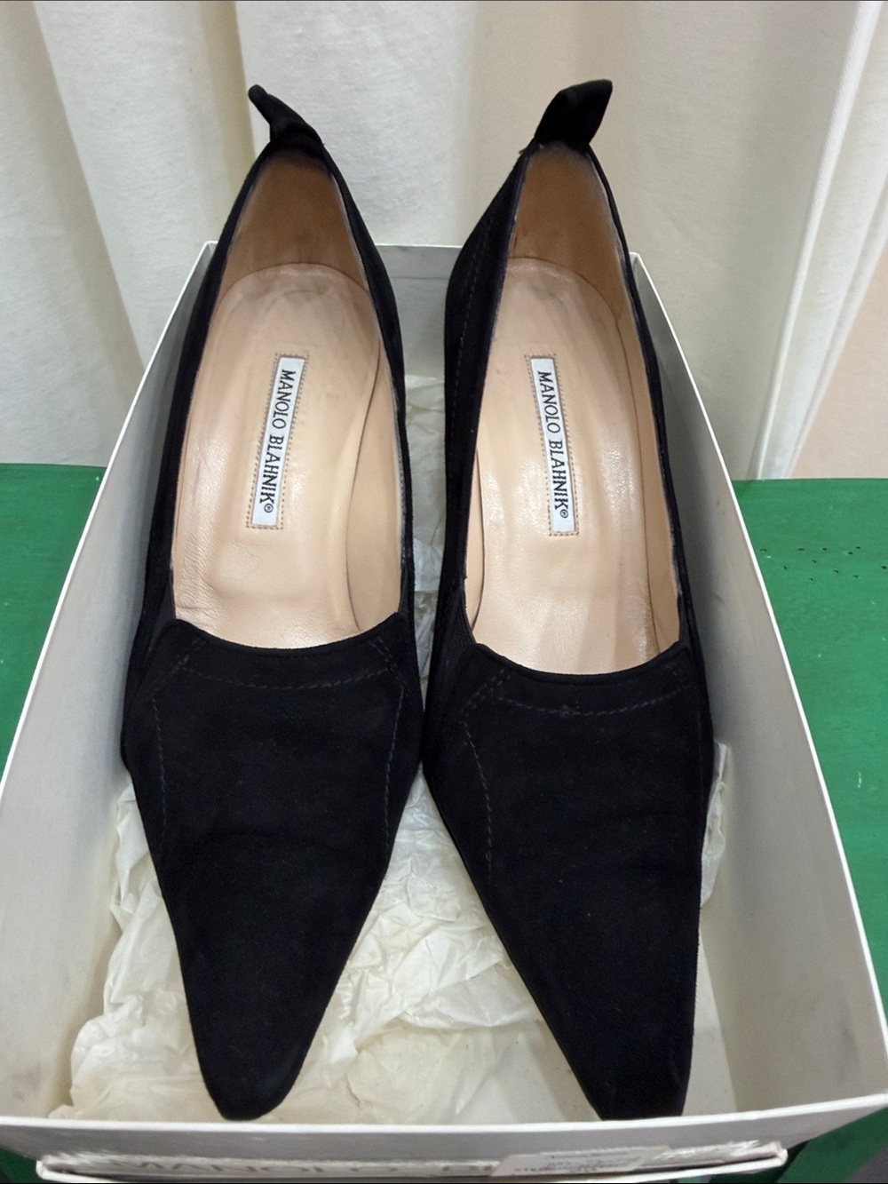 Manolo Blahnik Black Pointed Suede Pumps with Heel Tab